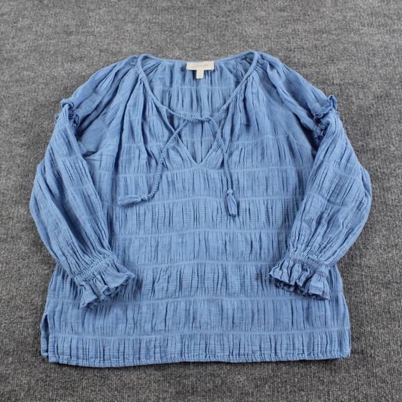 Cleobella Top Womens Small Azariah Blouse Blue Boho Prairie Peasant Gauze Tassel - Picture 4 of 10